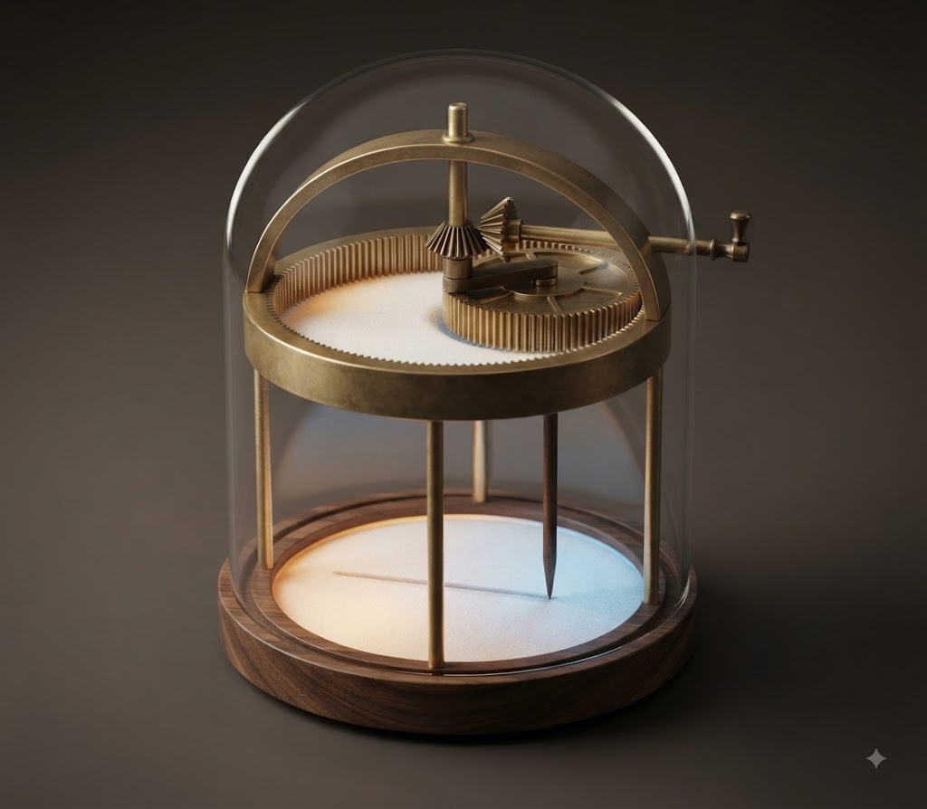 Falak 1259 — a brass drawing instrument beneath a glass dome on a walnut base, drawing a straight line in the sand.